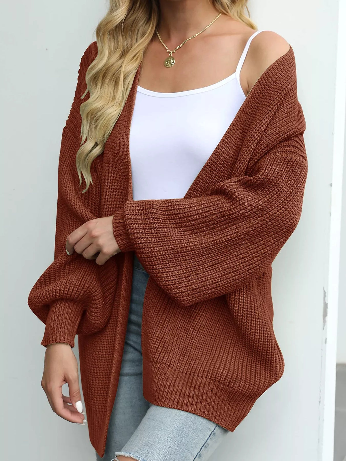 Chunky Knit Open Front Cardigan Lantern Sleeves (9)