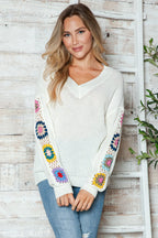 Crochet Flower V-neck Sweater (5)