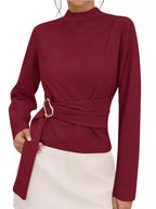 Mock Neck Blouse Waist-defining Metal Buckle Detail (10)
