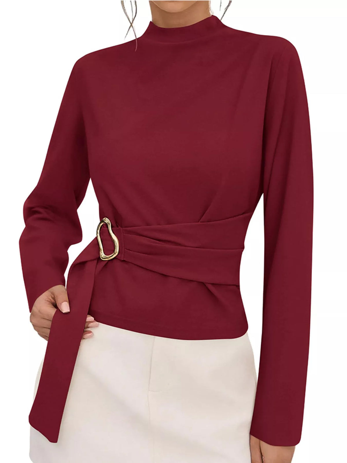 Mock Neck Blouse Waist-defining Metal Buckle Detail (10)