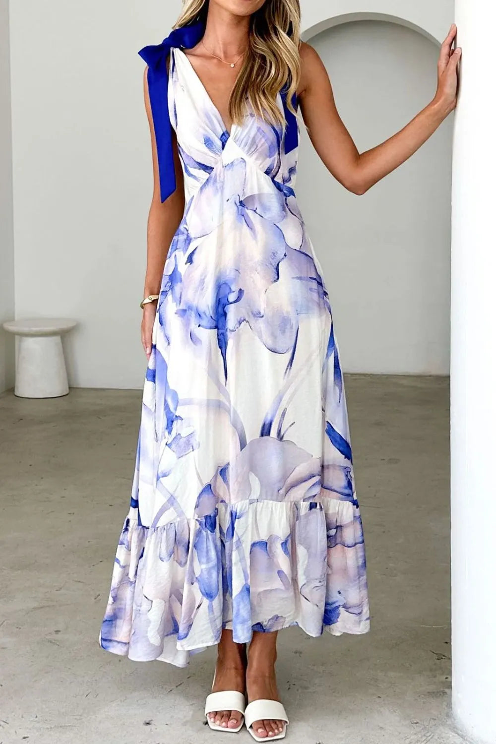 Printed V-neck Tie Shoulder Midi Cami Dress (27)