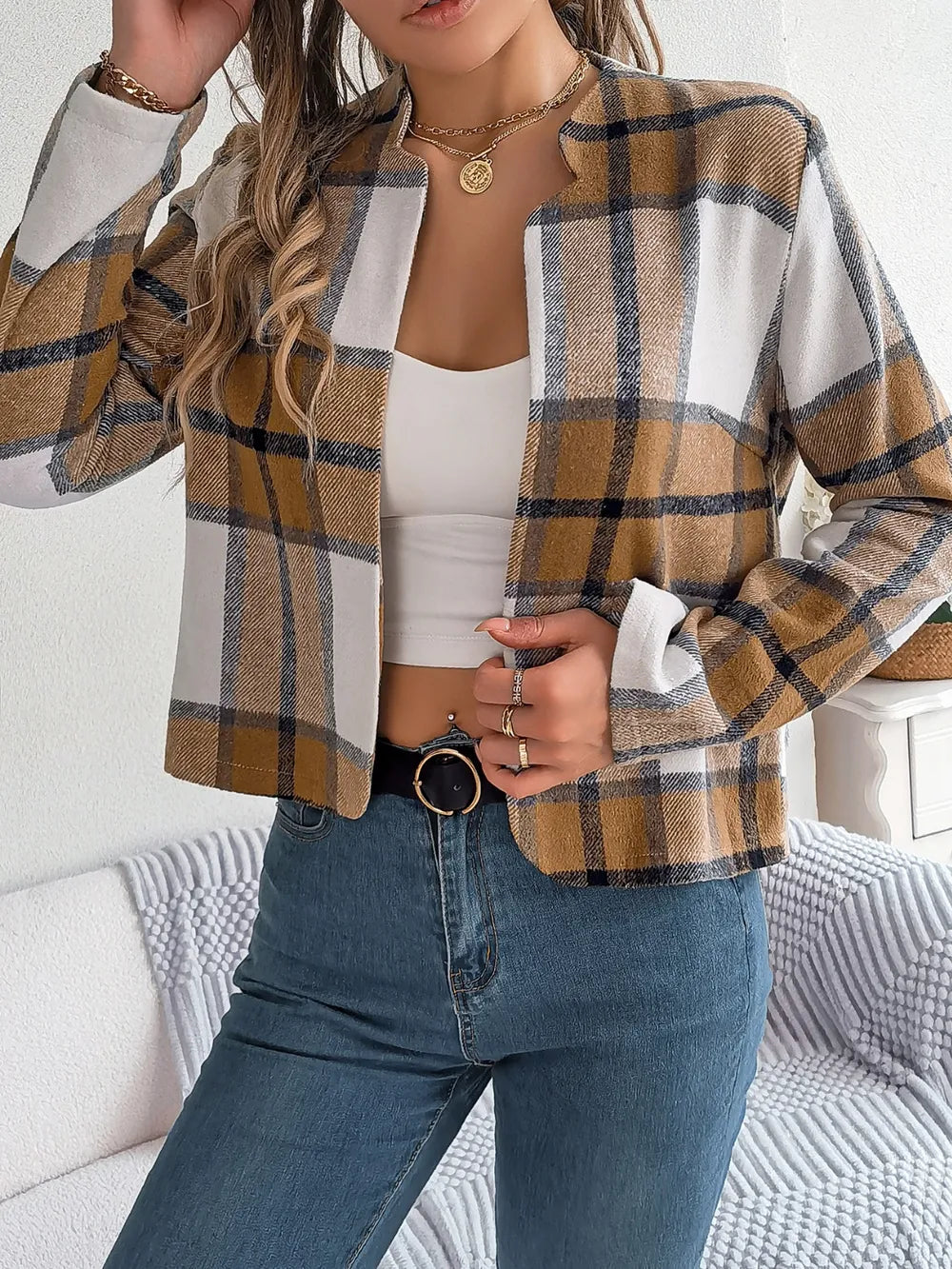 Plaid Open Front Long Sleeve Jacket (12)