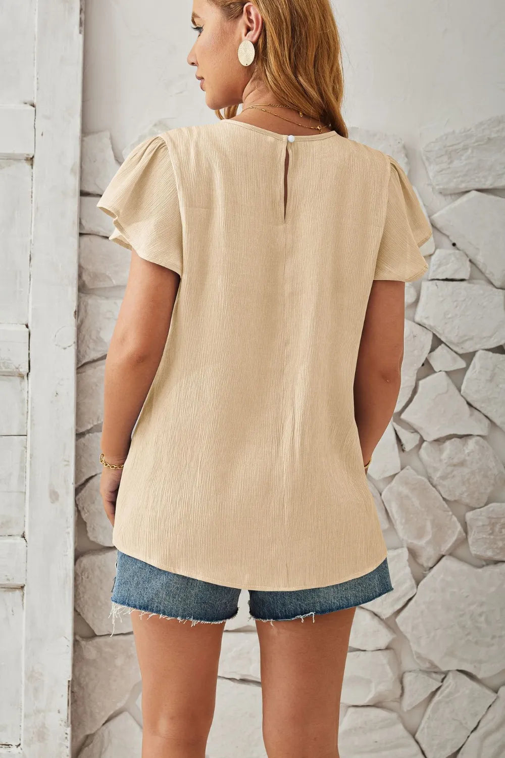 Round Neck Keyhole Cap Sleeve T-shirt (15)