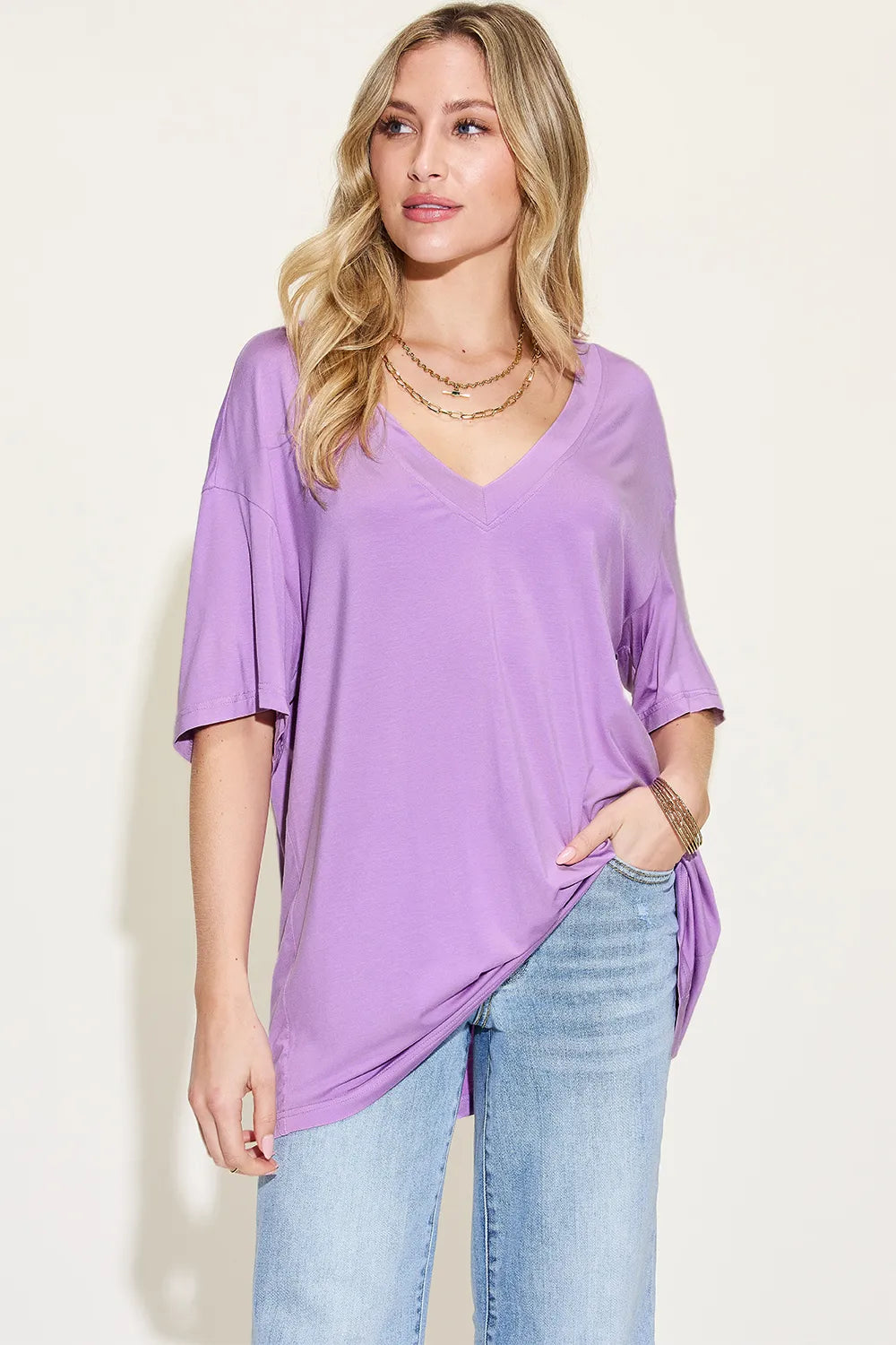 Full Size Bamboo V-neck Drop Shoulder T-shirt (19)
