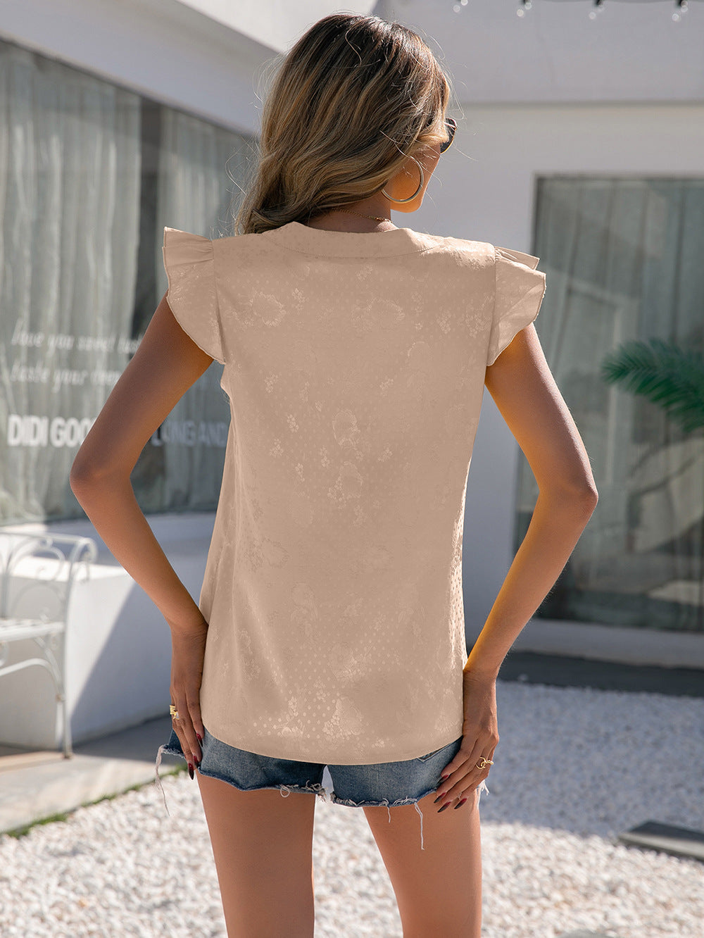 Notched Neck Butterfly Sleeve Blouse (2)