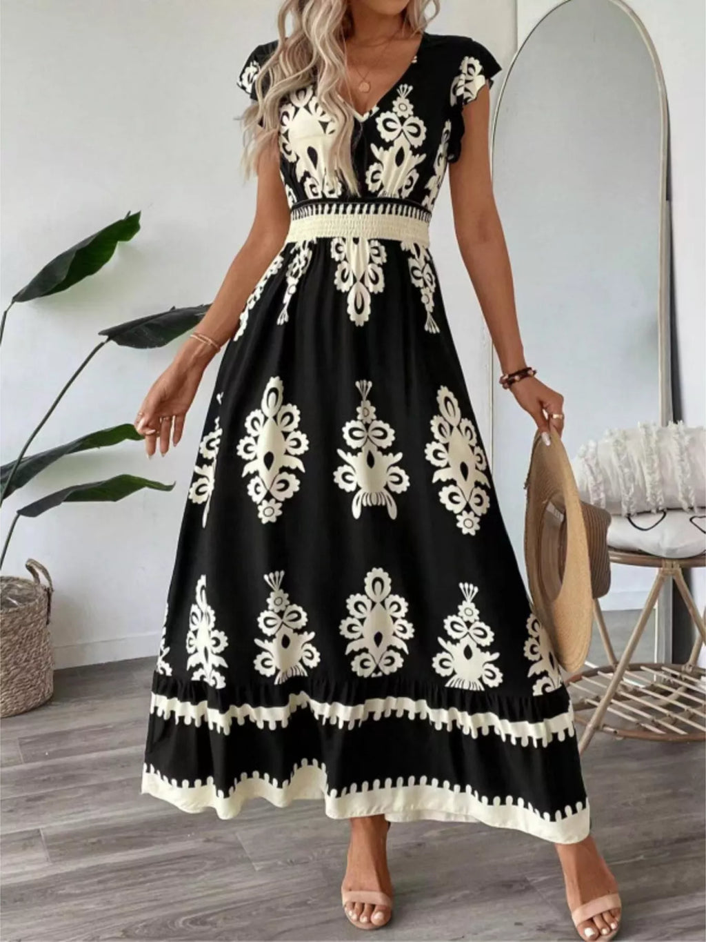 Printed V-neck Ruffled Cap Sleeve Dress (11)