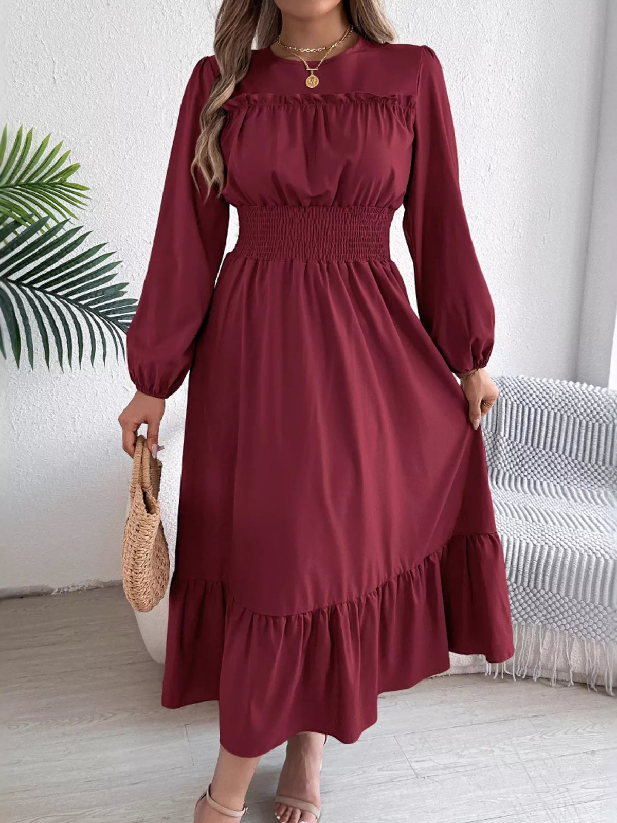 Round Neck Balloon Sleeve Tiered Dress (7)