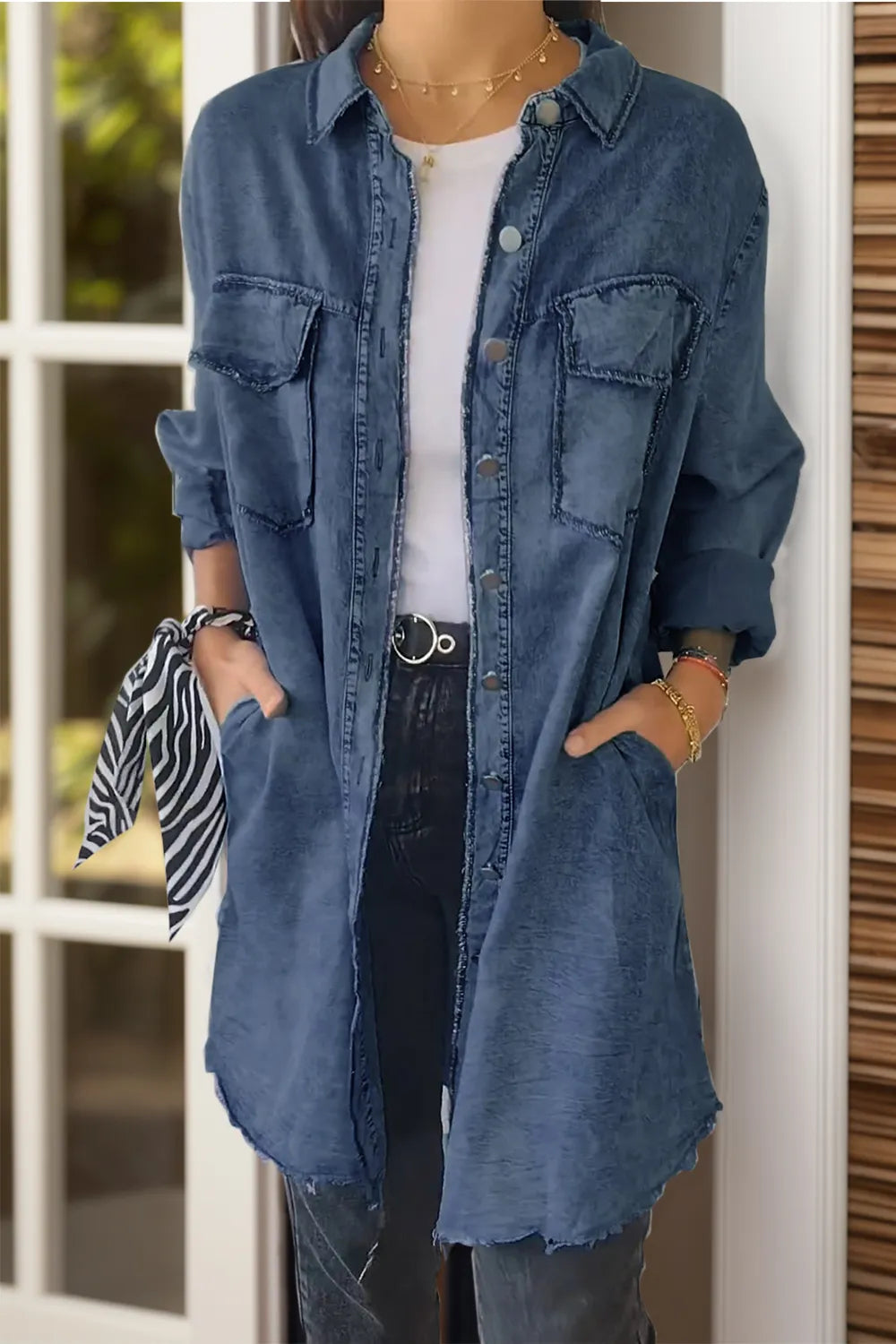 Full Size Pocketed Button Up Long Sleeve Denim Jacket (4)
