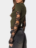 Cropped T-shirt Sheer Lace Sleeves (3)
