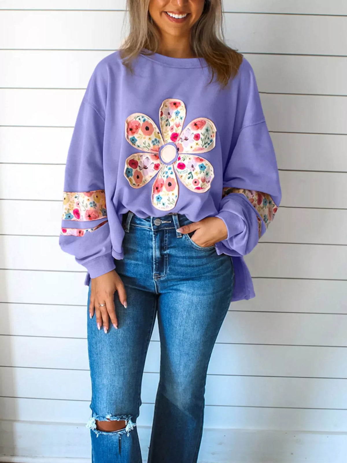 Plus Size Floral Applique Drop Shoulder Sweatshirt (12)