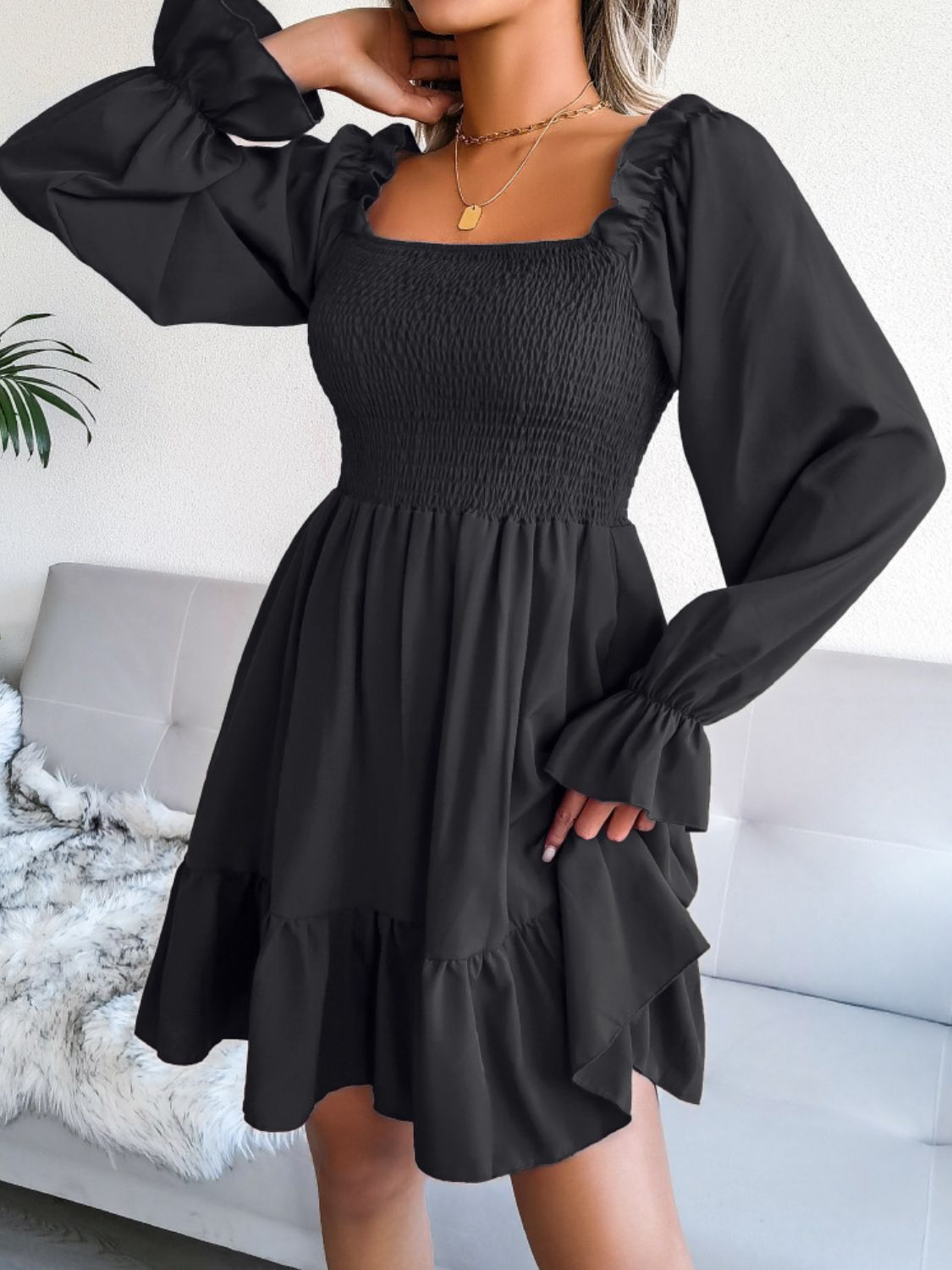 Smocked Flounce Sleeve Square Neck Dress (15)