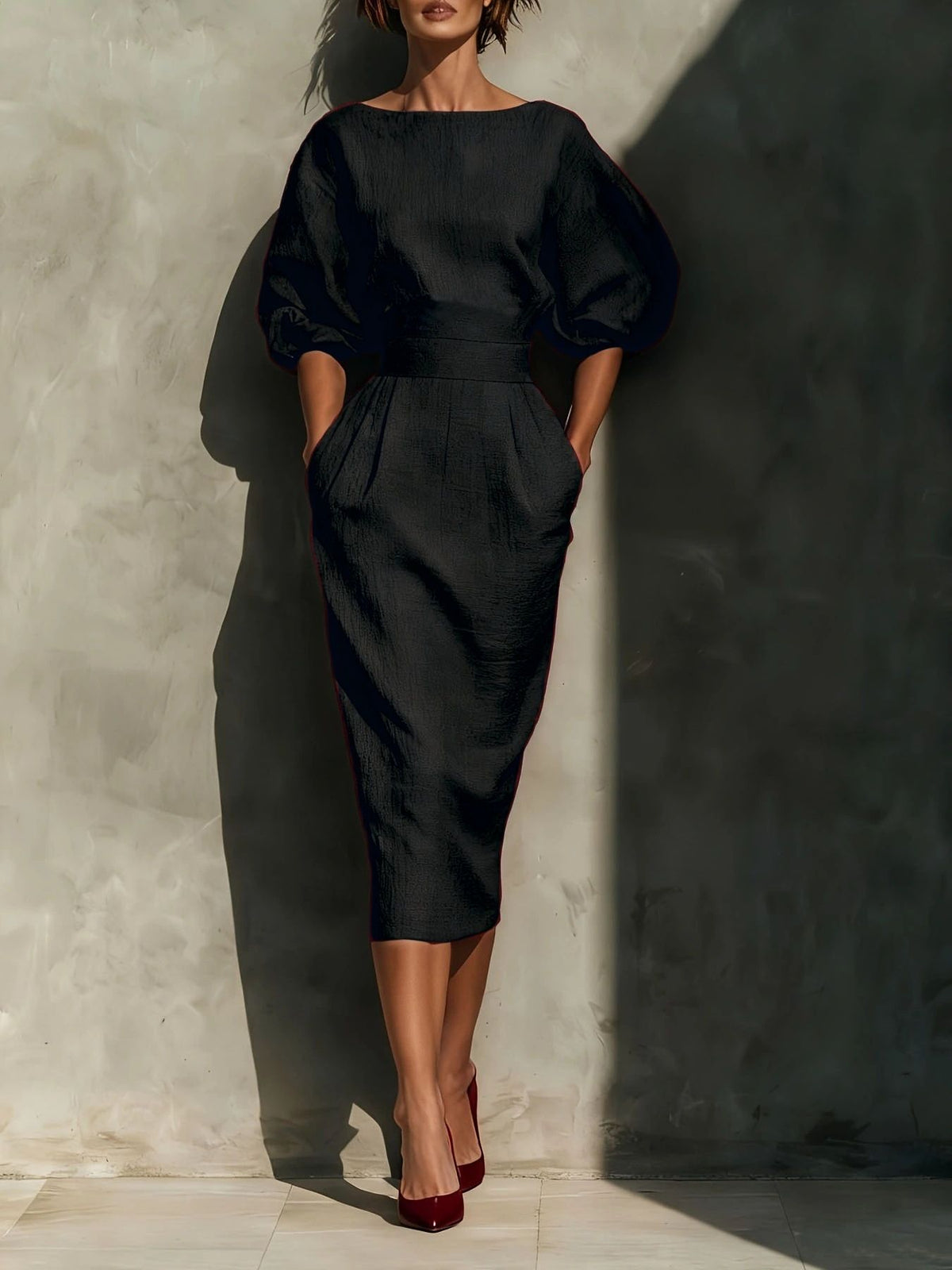Round Neck Puff Sleeves Midi Dress (3)