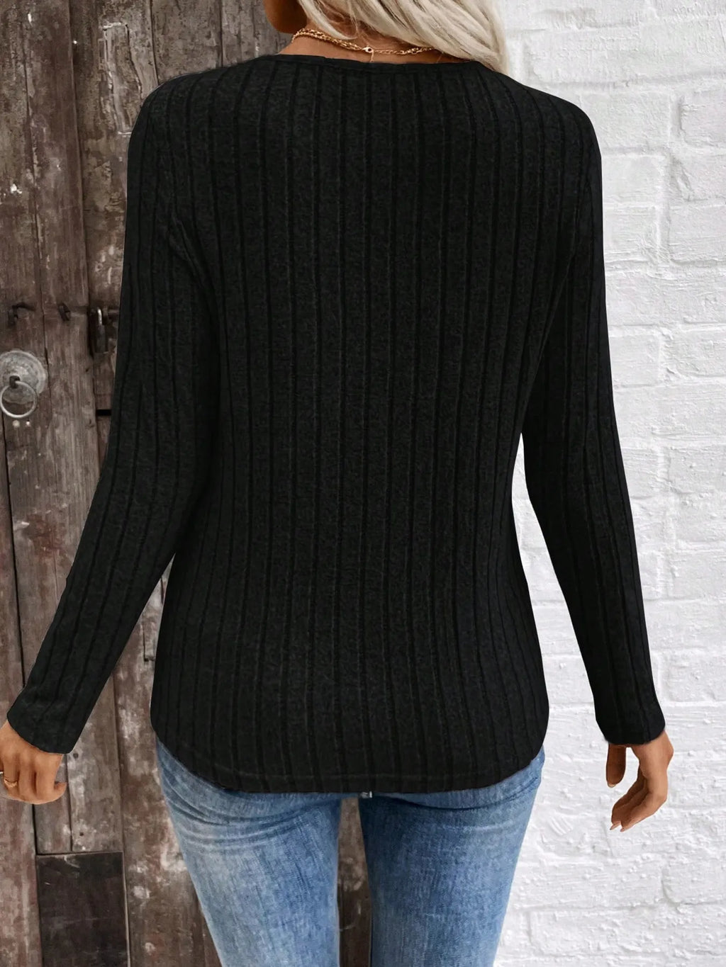 Ribbed V-neck Long Sleeve Knit T-shirt (14)