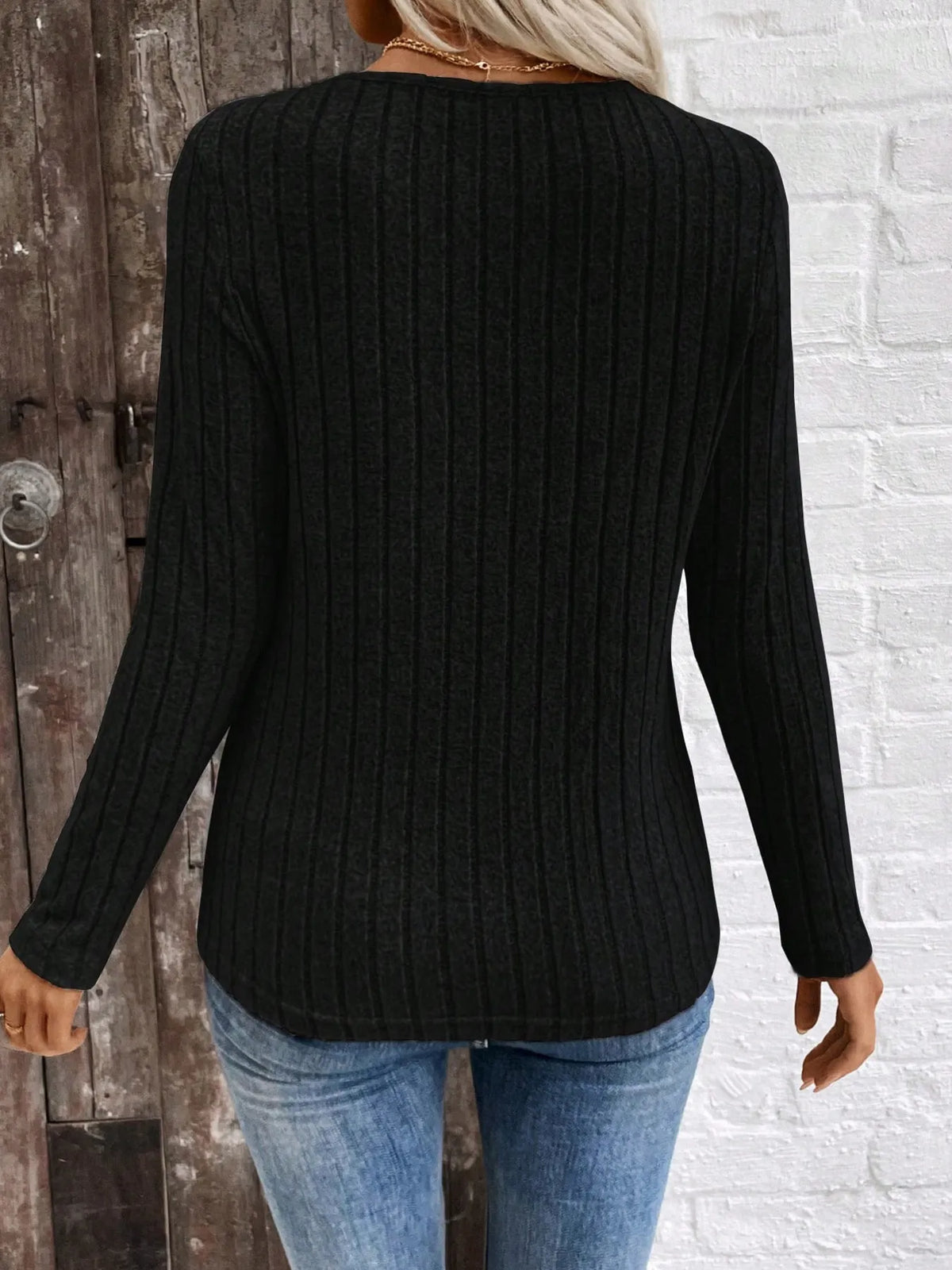 Ribbed V-neck Long Sleeve Knit T-shirt (14)
