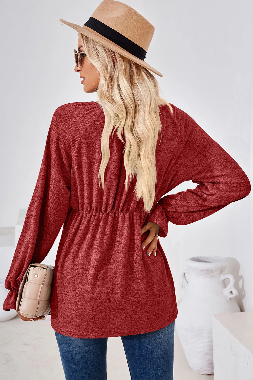 Ruched Round Neck Flounce Sleeve Blouse (8)