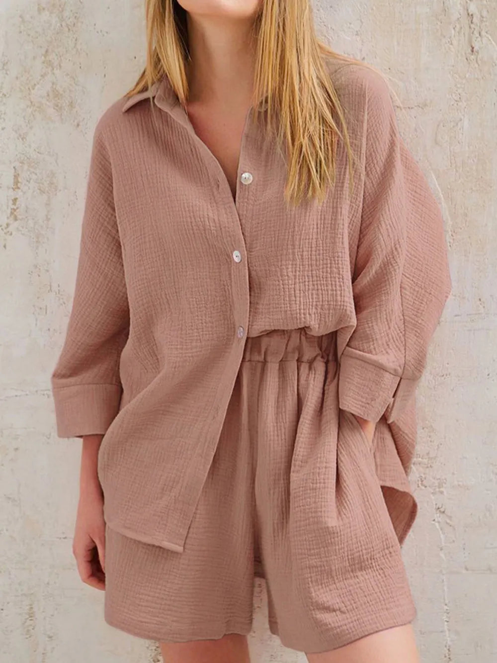 Texture Button Up Shirt Shorts Set (28)
