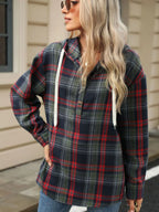 Drawstring Plaid Hooded Long Sleeve Top (8)