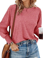 Round Neck Smocked Lantern Sleeve T-shirt (7)