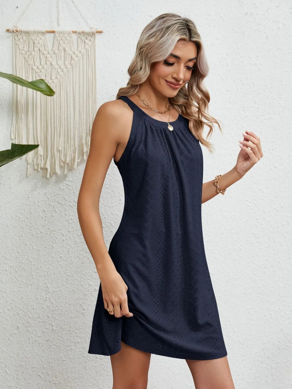 Eyelet Grecian Neck Mini Dress (20)