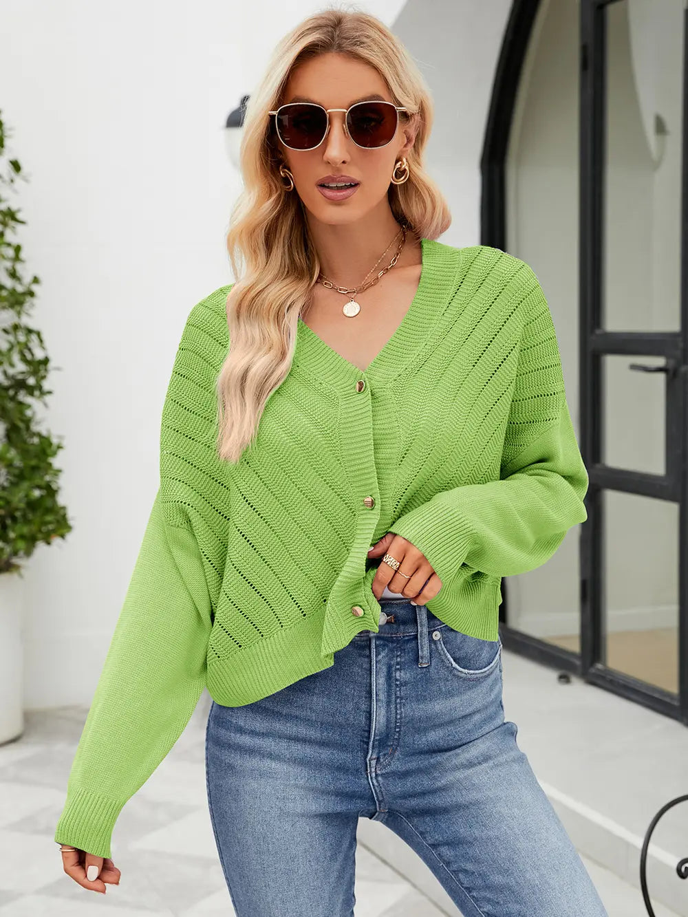 Eyelet Button Front Long Sleeve Cardigan (6)