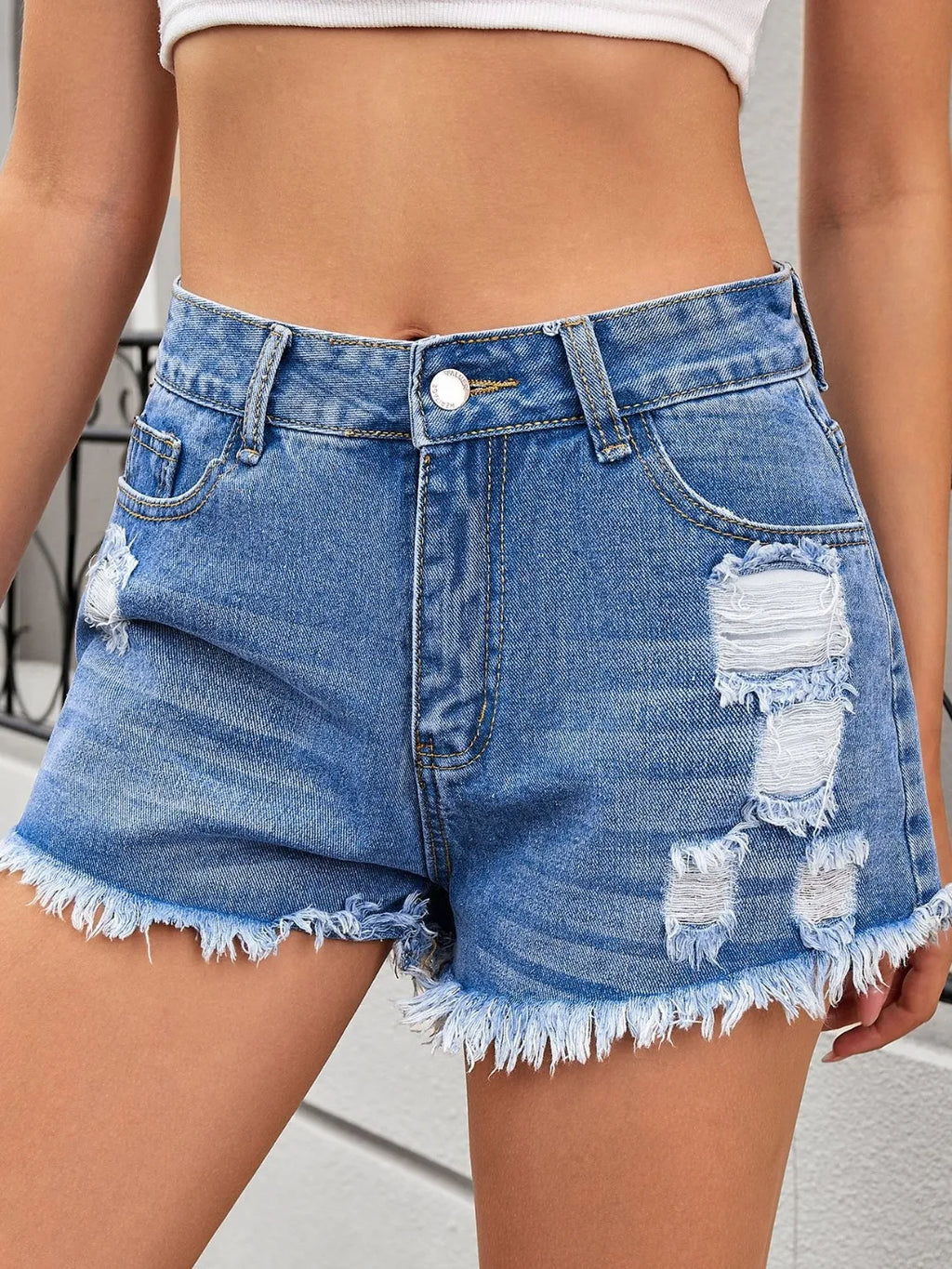Distressed Raw Hem Denim Shorts (8)