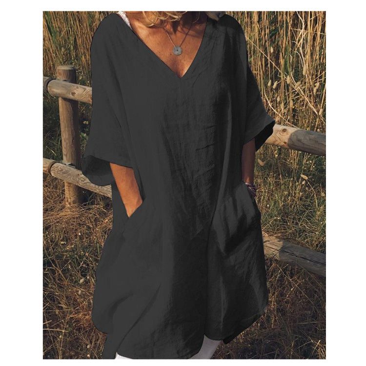 Oversized V-neck Midi Dress variant CJNSSYCS05562-Black-XL|CJNSSYCS05562-Black-L|CJNSSYCS05562-Black-XXL|CJNSSYCS05562-Black-5XL|CJNSSYCS05562-Black-M|CJNSSYCS05562-Black-3XL|CJNSSYCS05562-Black-4XL|CJNSSYCS05562-Black-S