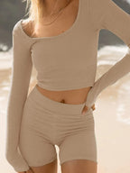 Scoop Neck Long Sleeve Top Shorts Set (3)