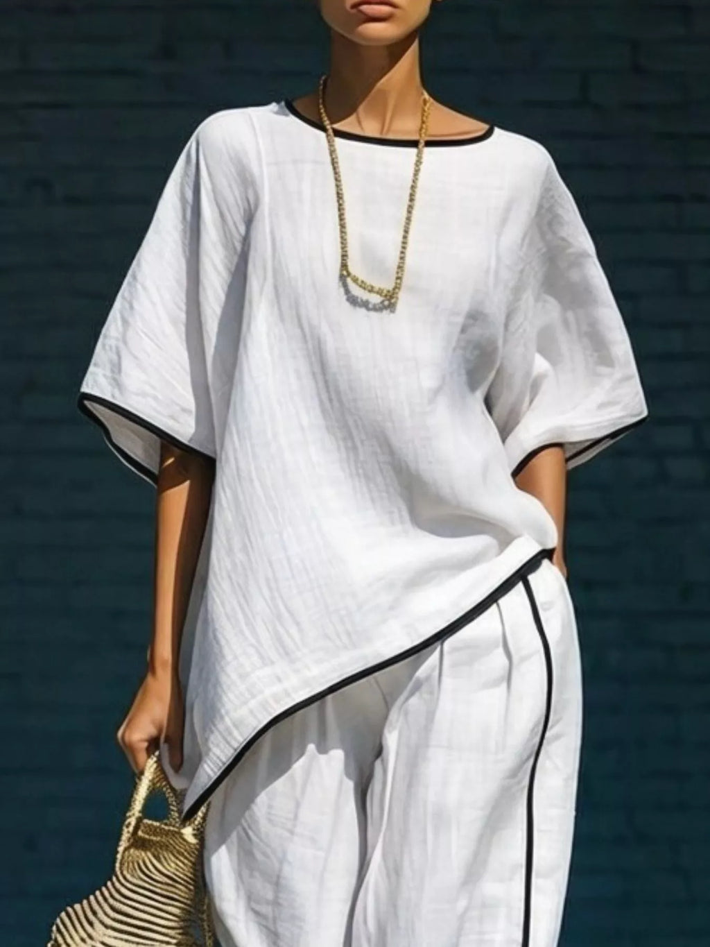 Contrast Trim Round Neck Top Pants Set (2)