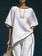 Contrast Trim Round Neck Top Pants Set (2)