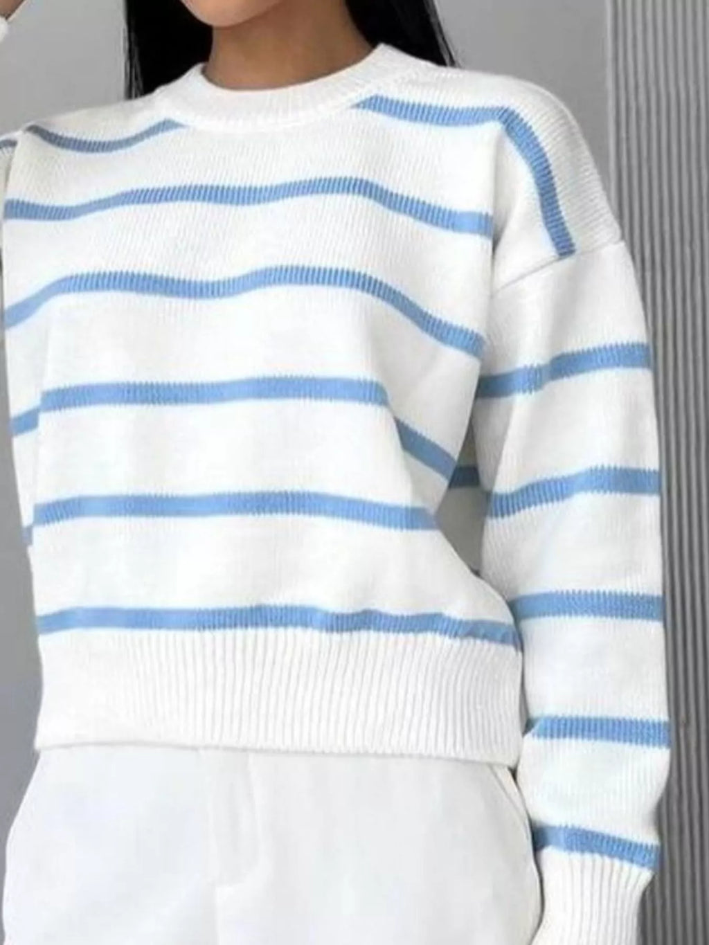 Striped Knit Round Neck Sweater (9)