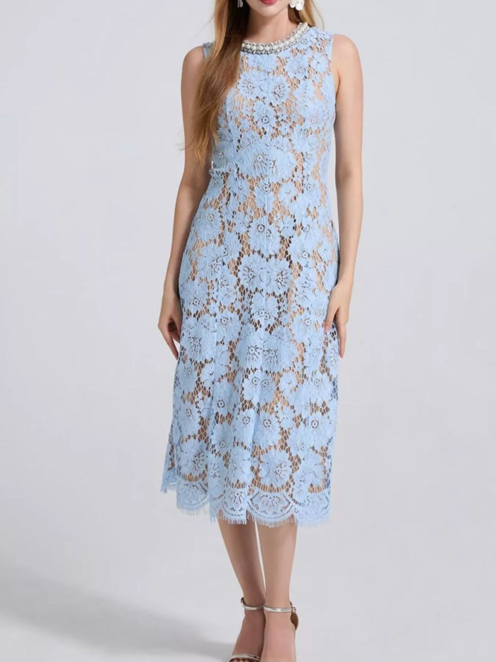 Pearl Neckline Sleeveless Lace Dress (9)