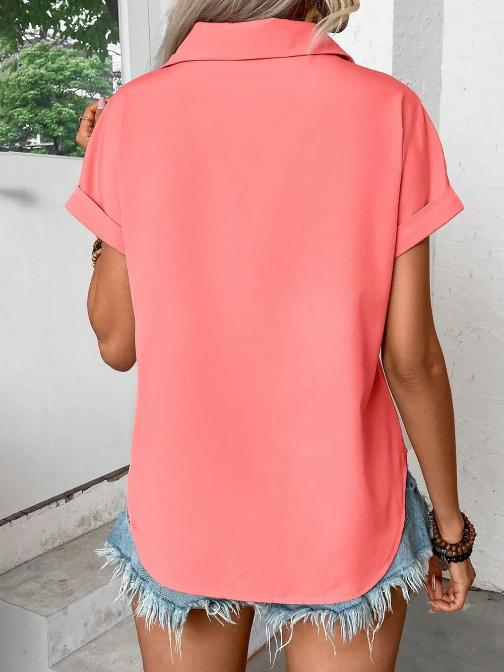 Pleated Detail Collared Neck Short Sleeve Shirt (9)