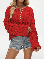 Chic Cable Knit Half-button Openwork Sweater