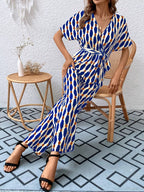 Printed Surplice Tie Waist Short Sleeve Jumpsuit (12)
