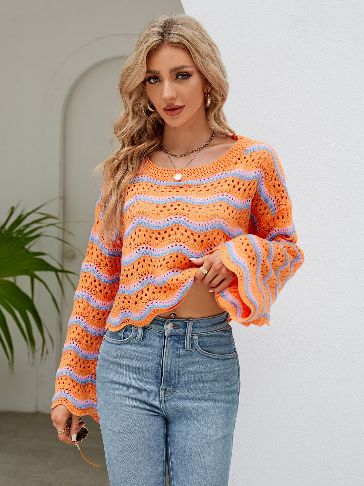 Round Neck Openwork Flare Sleeve Knit Top (3)