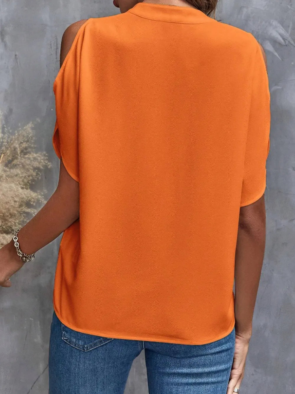 Notched Cold Shoulder Half Sleeve Blouse (19)