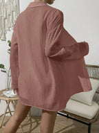 Dropped Shoulder Button Up Top Elastic Waist Shorts Set (25)