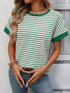Striped Ribbed Knit Short Sleeve T-shirt (13)