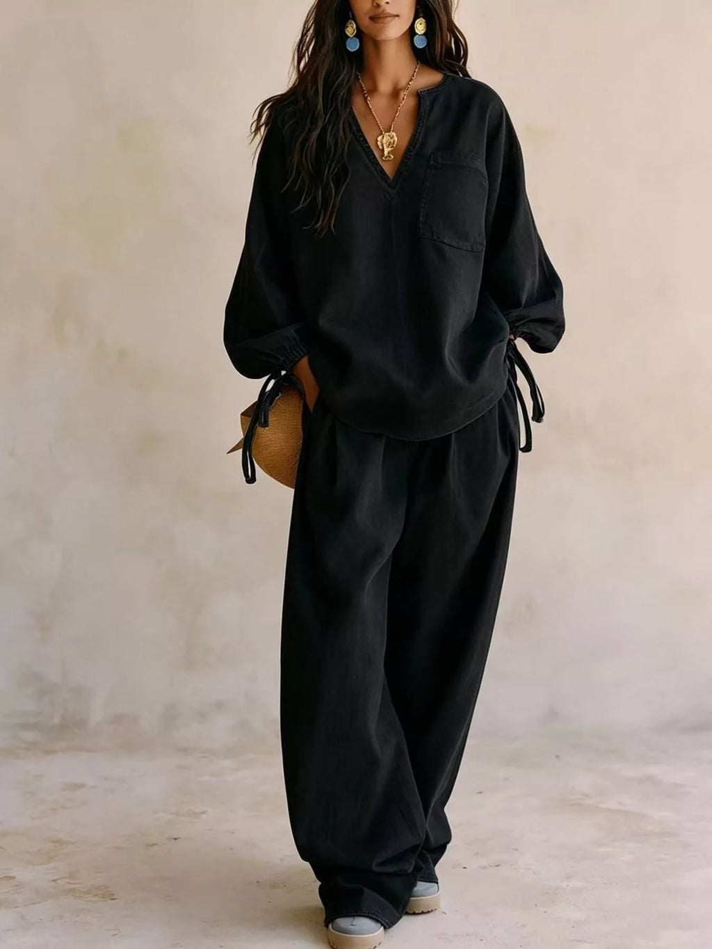 Relaxed Fit Drawstring Sleeve Detail Top Pants Denim Set (13)