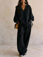 Relaxed Fit Drawstring Sleeve Detail Top Pants Denim Set (13)