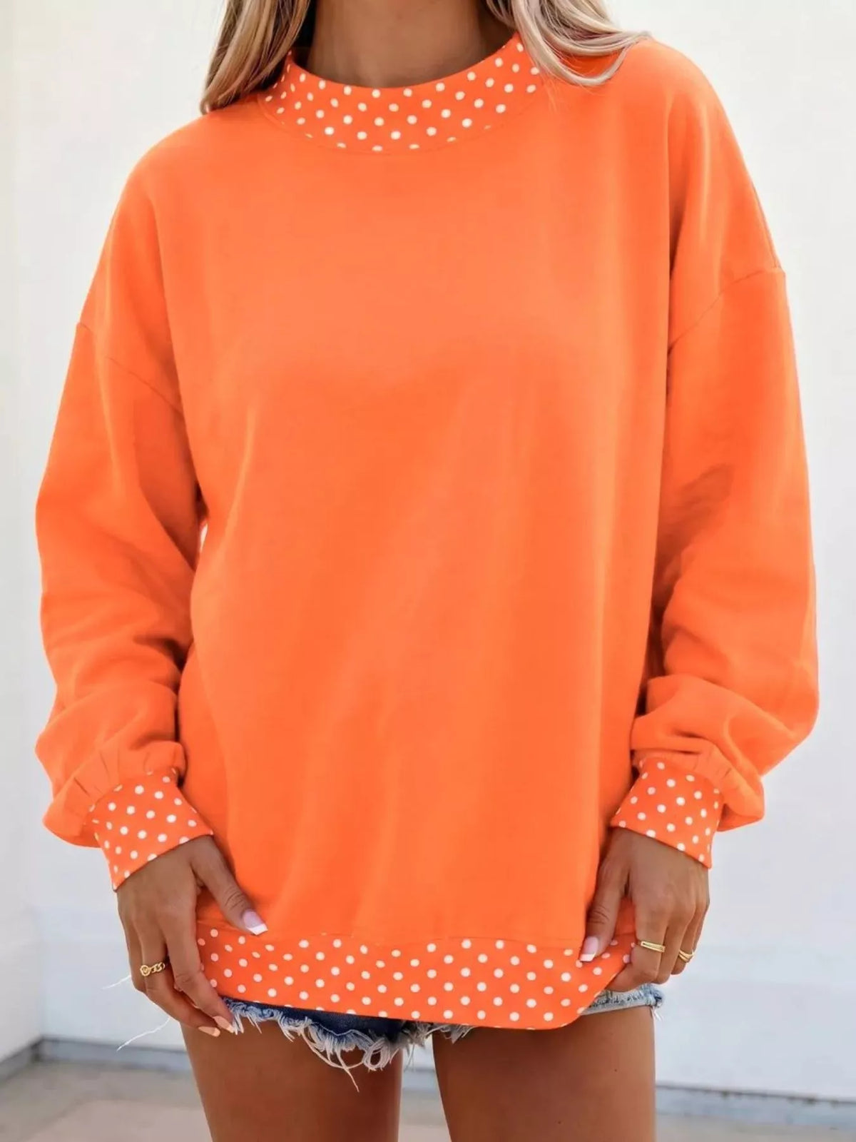 Polka Dot Trim Contrast Crew Neck Sweatshirt (11)