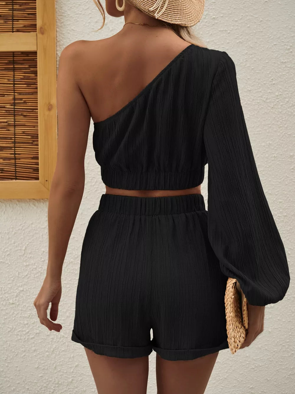 One Shoulder Long Sleeve Top Shorts Set (7)