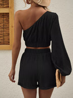 One Shoulder Long Sleeve Top Shorts Set (7)