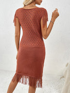 Fringe Openwork Boat Neck Knit Dress (2)