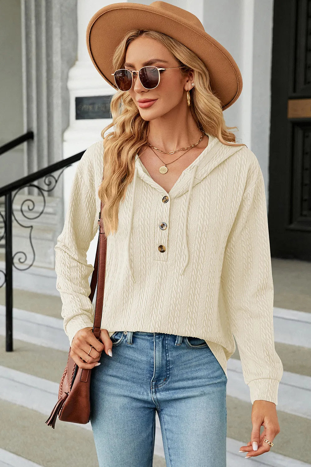Drawstring Half Button Long Sleeve Hoodie (30)