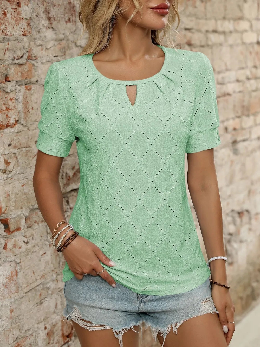 Eyelet Round Neck Short Sleeve Top (20)