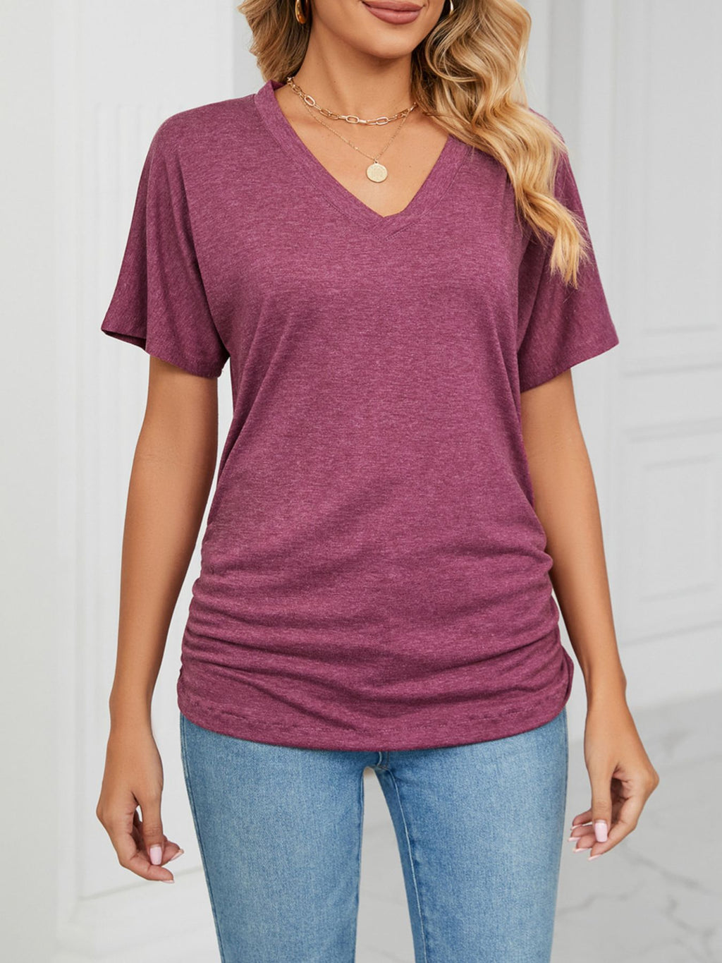 Casual V-neck Short Sleeve T-shirt (13)