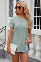 Eyelet Slit Round Neck Short Sleeve T-shirt (23)