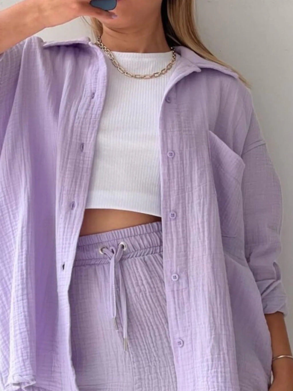 Button Up Shirt Shorts Set (21)
