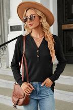 Waffle-knit Notched Long Sleeve T-shirt (8)